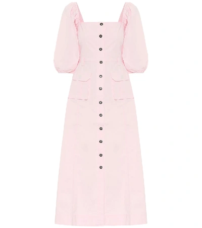 Ganni Puff Sleeve Cotton Ripstop Midi Dress In Pink