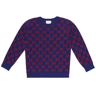 Gucci Kids' Felted Wool Jacquard Knit Sweater In Inchiostro/rosso
