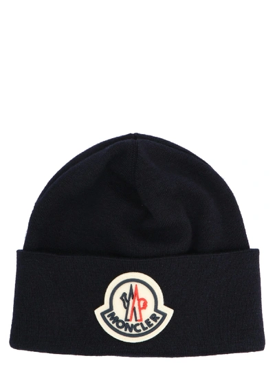 Moncler Logo-patch Wool Beanie In Blue