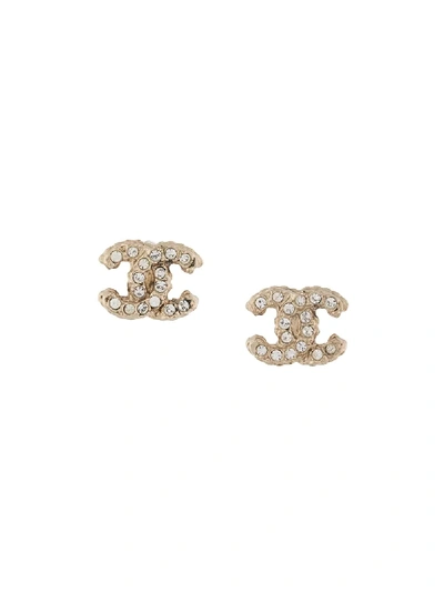 Pre-owned Chanel 2015 Rhinestone Cc Earrings In Gold