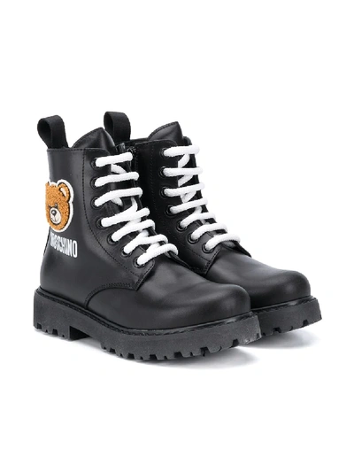 Moschino Teen Teddy Bear Patch Ankle Boots In Black