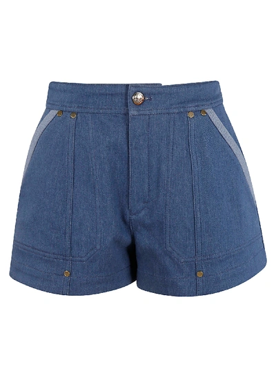 Chloé Embellished Two-tone Denim Shorts In Blue