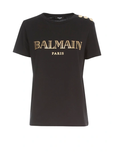 Balmain Buttoned-shoulder Logo-print Cotton T-shirt In Black