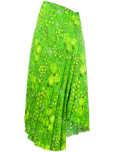 Balenciaga Asymmetric Pleated Floral-print Crepe Midi Skirt In Green
