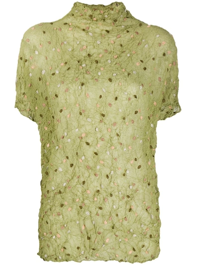 Pre-owned Issey Miyake 1990s Embroidered Polka-dot Crinkled Top In Green