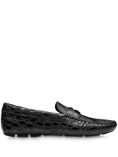 Prada Crocodile-effect Penny-slot Loafers In Black