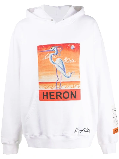 Heron Preston Heron Print Cotton Jersey Hoodie In White