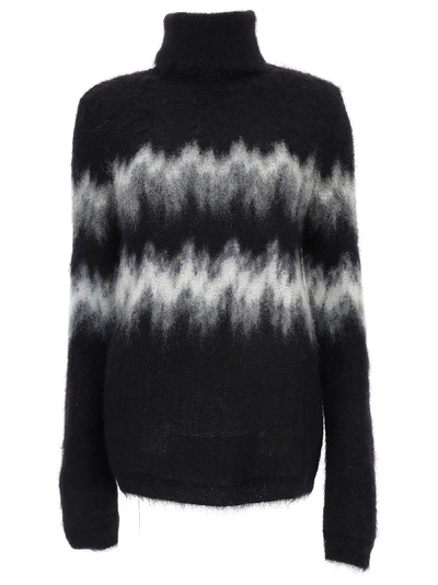 Saint Laurent High-neck Zigzag-intarsia Mohair-blend Sweater In Black,white