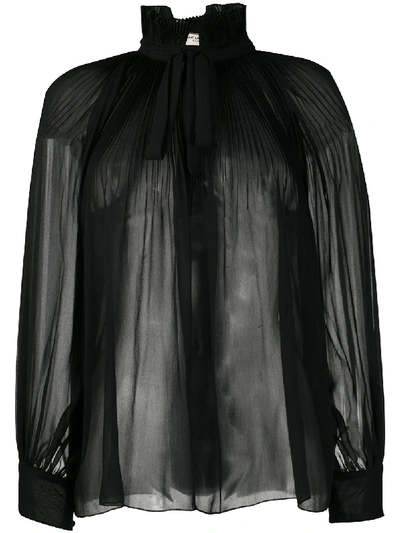 Saint Laurent Necktie Pleated Blouse In Black