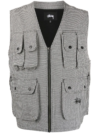 Stussy Houndstooth Patterned Multi-pocket Work Vest In White