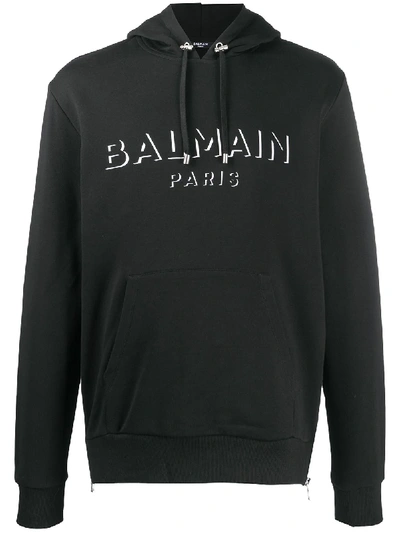 Balmain Logo Print Hooded Sweatshirt In Black