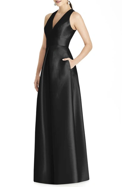 Alfred Sung Sleeveless A-line Satin Dress With Pockets In Black