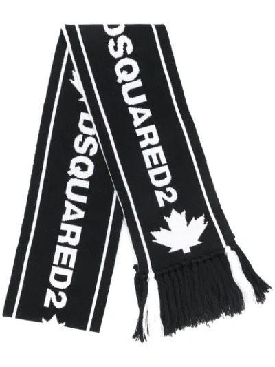 Dsquared2 Logo & Leaf Wool Jacquard Knit Scarf In Black