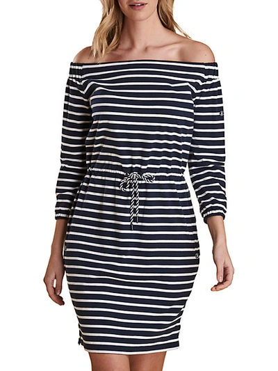 Barbour Waveson Off-the-shoulder Striped Dress In Navy White