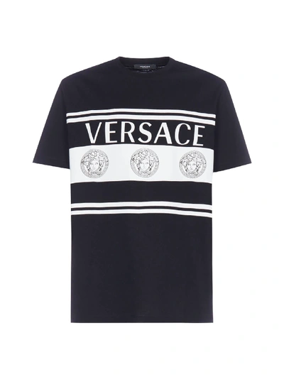 Versace Stripe Medusa Logo Cotton T-shirt In Black