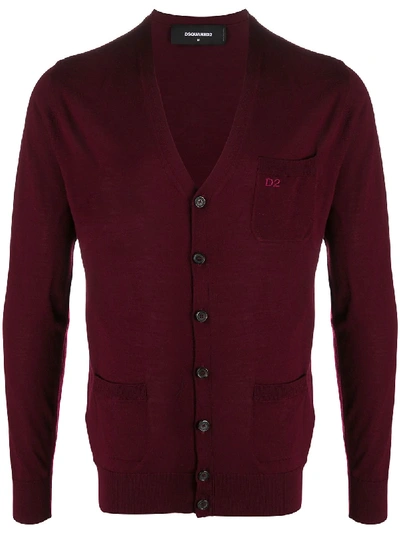 Dsquared2 Logo Embroidered Wool Knit Cardigan In Bordeaux