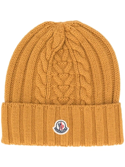 Moncler Logo Patch Beanie In Yellow
