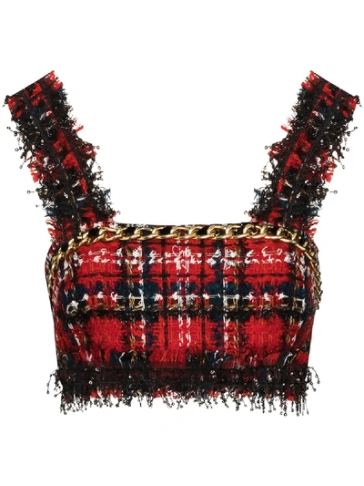 Balmain Tartan-pattern Tweed Sleeveless Top In Red