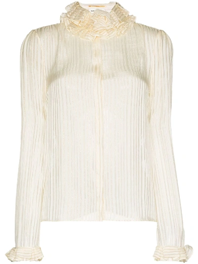 Saint Laurent Striped Blouse With Stripes And Frills In Beige