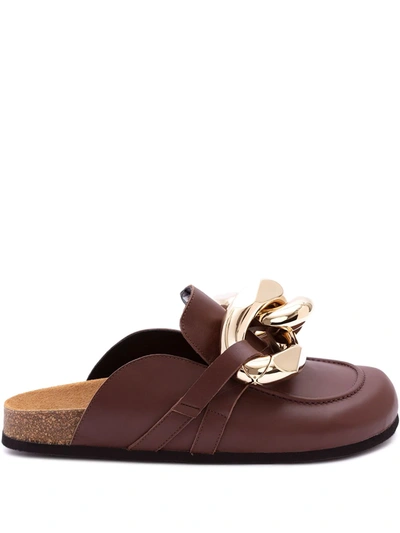 Jw Anderson Chain-embellished Leather Slippers In Brown