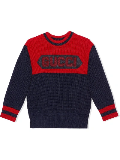 Gucci Kids'  贴花圆领毛衣 In Blue,red