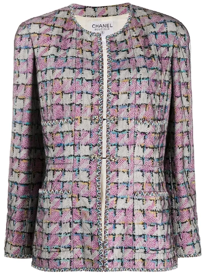 Pre-owned Chanel Houndstooth Pattern Collarless Jacket In Pink