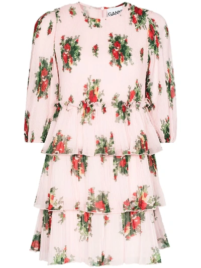 Ganni Pleated Georgette Mini Dress Cherry Blossom Size 40