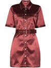 STAUD BENTLEY BELTED SATIN SHIRT DRESS