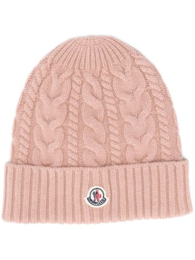 Moncler Knitted Logo Patch Beanie In Pink