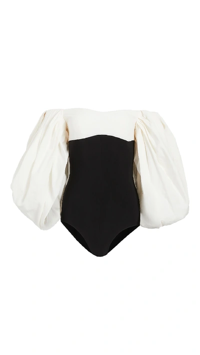 A.w.a.k.e. Off-the-shoulder Puff-sleeved Bodysuit In Black,white