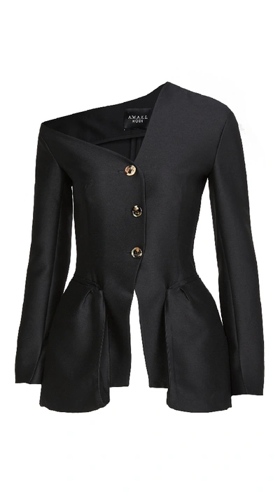 A.w.a.k.e. Cold-shoulder Wool And Silk-blend Peplum Blazer In Black