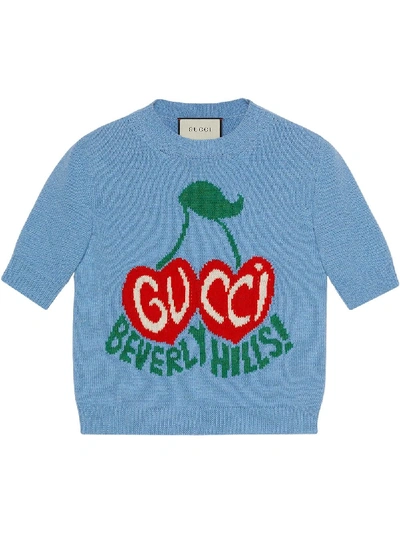 Gucci Beverly Hills Cherry Intarsia Wool Crop Jumper In Azure/ Multicolor