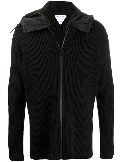 Bottega Veneta Hooded Shell-trimmed Ribbed Wool-blend Zip-up Sweater In Black