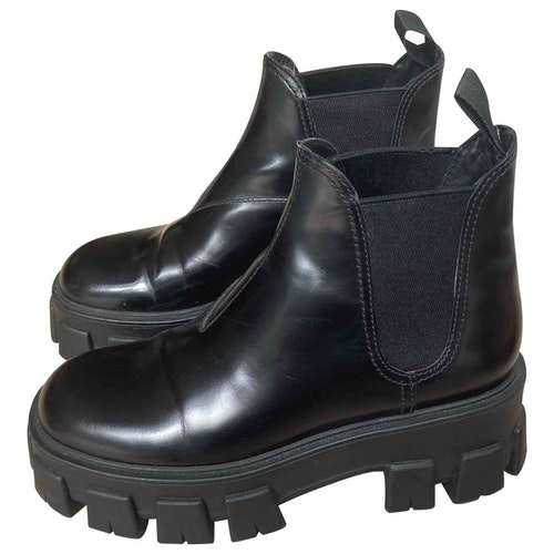 Pre-Owned Prada Monolith Black Leather Ankle Boots | ModeSens
