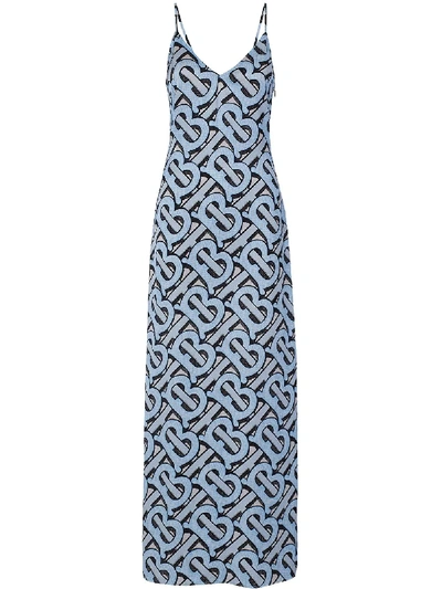 Burberry Monogram-print Silk-satin Slip Dress In Blue | ModeSens