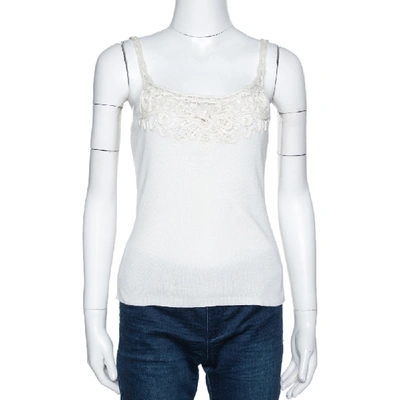 Pre-owned Valentino Off White Cotton Sequined Lace Trim Tank Top M