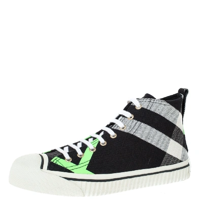 Pre-owned Burberry Black/fluorescent Green Check Canvas Mid-top Trainers Size 41.5 In Multicolor