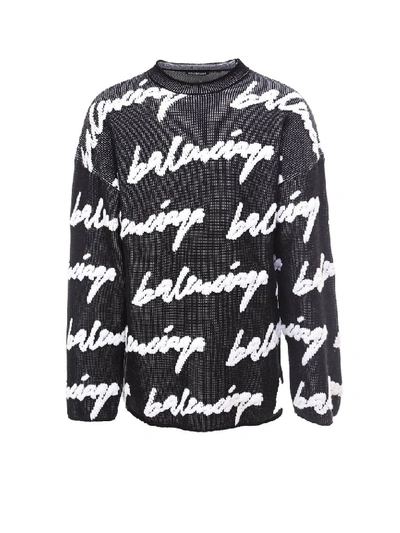 Balenciaga 3d Scribble Logo Cotton Knit Jumper In Black