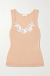 CHLOÉ GUIPURE LACE-TRIMMED RIBBED COTTON-JERSEY TANK