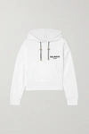 Balmain Cropped Flocked Organic Cotton-jersey Hoodie In White
