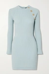 BALMAIN BUTTON-EMBELLISHED RIBBED-KNIT MINI DRESS