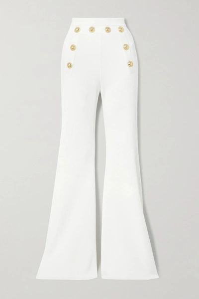 Balmain Button-embellished Stretch-knit Flared Trousers In White