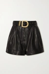 Balmain Black Leather High Waist Belted Shorts In Black