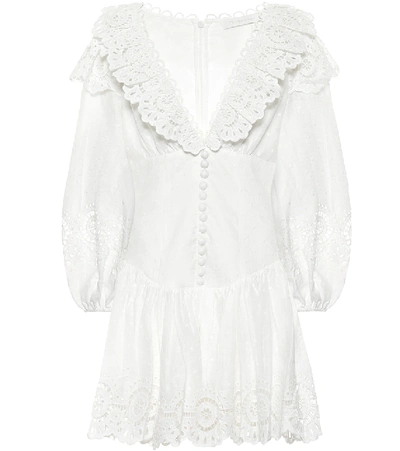 Zimmermann Bellitude Ruffle-neck Linen Mini Dress In White