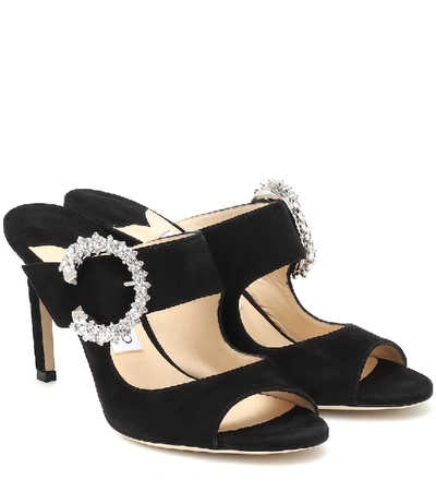 Jimmy Choo Saf 85 Crystal-embellished Suede Mules In Black