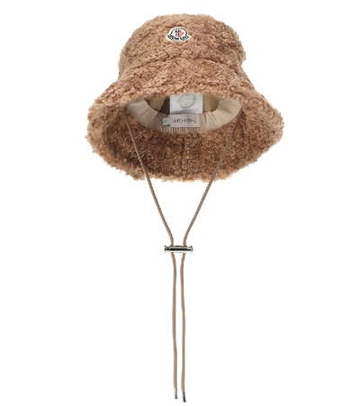 Moncler Toggle Ties Faux-shearling Bucket Hat In Brown