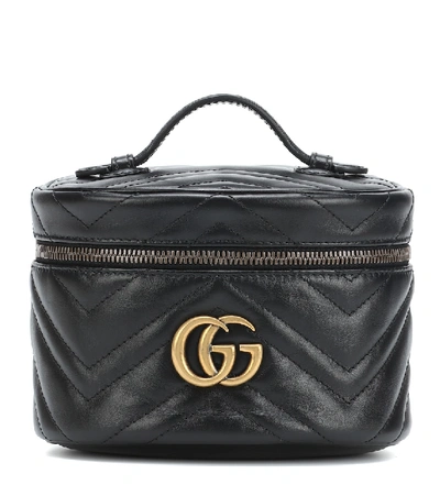 Gucci Black Gg Marmont Mini Leather Makeup Bag In Black Leather