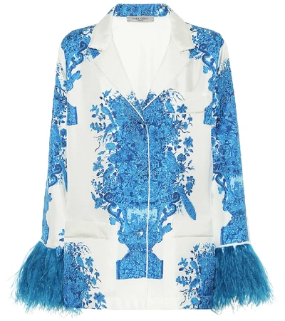 Valentino Feather-trimmed Delft-print Silk-twill Shirt In Ivory/blue