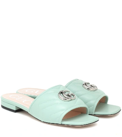 Gucci Double G Leather Slides In Green
