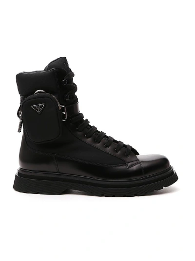 Prada Ankle Pouch Combat Boots In Black